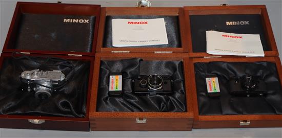 A cased Minox Leica miniature camera, a Minox glass, Contax 1 and a Minox Classic Leica III (3)